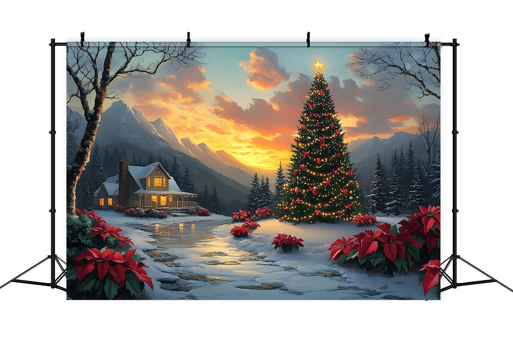 Weihnachtsbaum Dorf Hütte Sonnenuntergang Backdrop RR8-52