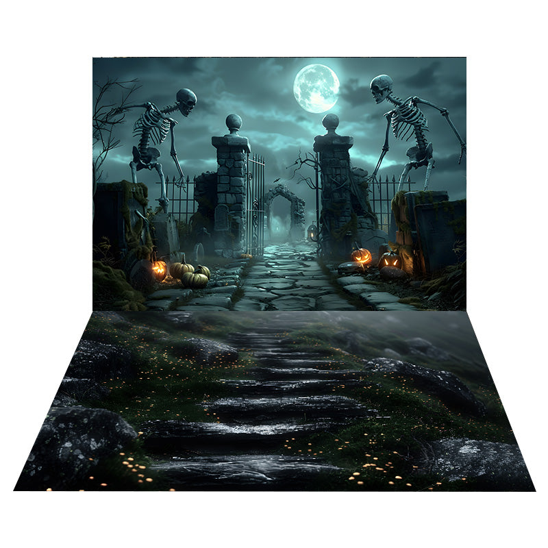 Halloween Mond Friedhof Hintergrund+Steintreppe Bodenhintergrund RR8-554