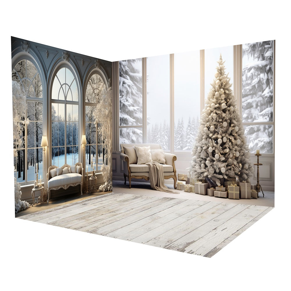 Weihnachtsbaum Fenster Winter Schnee Ansicht Hintergrund Zimmerset RR8-623