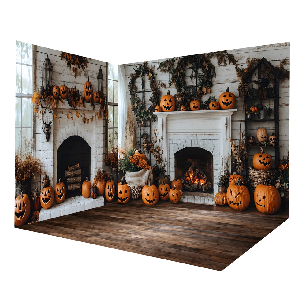 Halloween Curved Pumpkin White Fireplace Hintergrund Zimmerset RR8-659