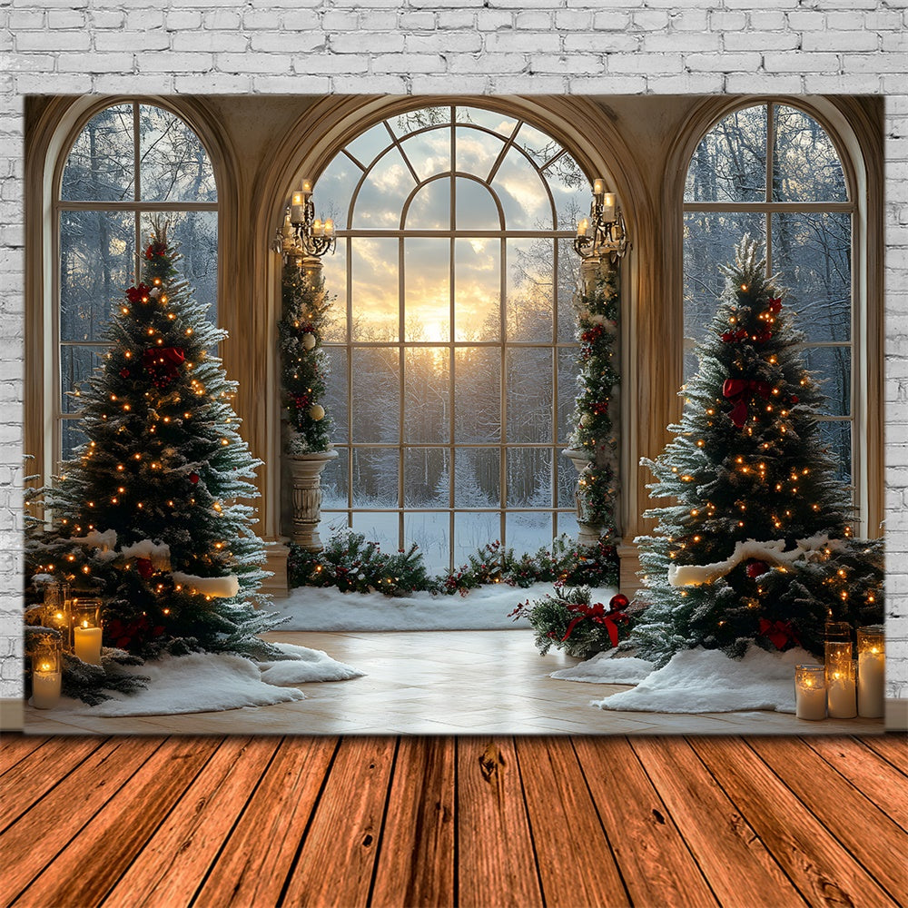 Weihnachtsbäume Fenster verschneiter Wald Backdrop RR8-90