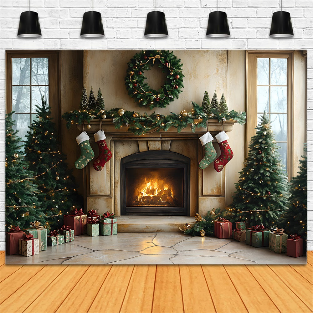 Weihnachtsbaum Lichter Kamin Socken Backdrop RR8-94