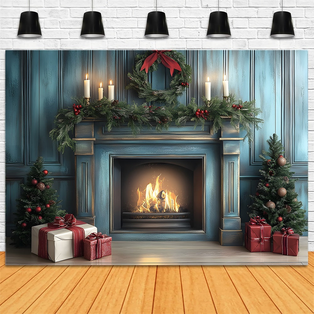 Weihnachten Blau Retro Wand Kamin Hintergrund RR8-97