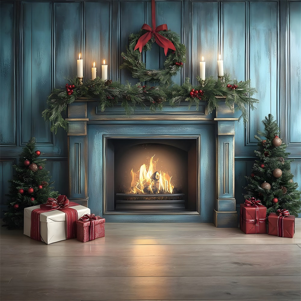 Weihnachten Blau Retro Wand Kamin Hintergrund RR8-97