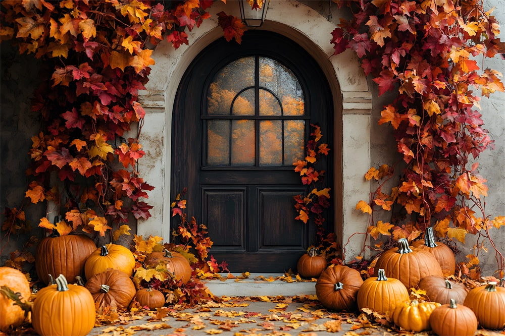 Herbst Rustikale Tür Ahornblätter Kürbis Hintergrund RR9-2