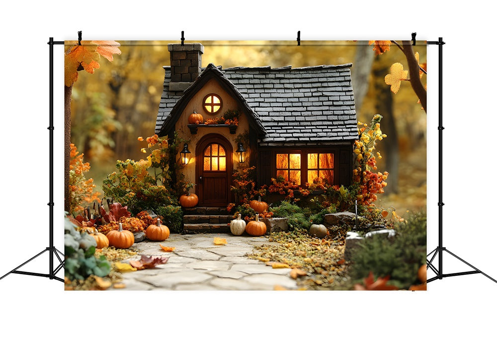Herbst Holz Hütte Kürbisse Gefallene Blätter Backdrop RR9-24