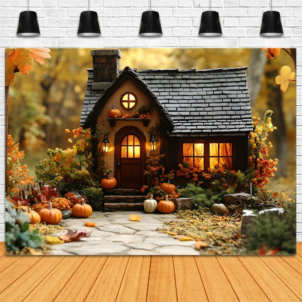 Herbst Holz Hütte Kürbisse Gefallene Blätter Backdrop RR9-24