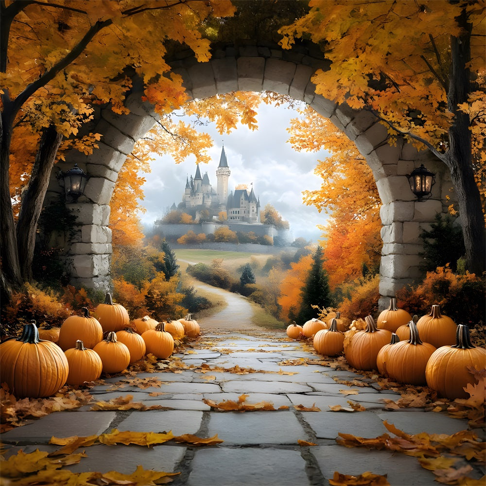 Herbstblätter Steinbogen Tür Schloss Hintergrund RR9-31