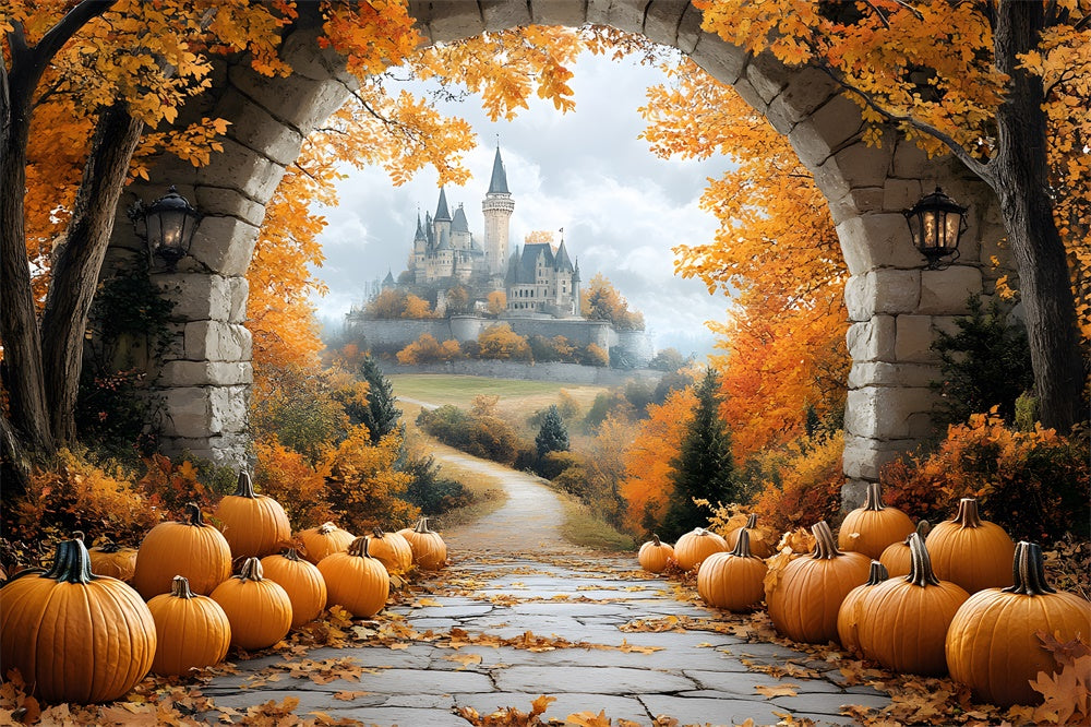 Herbstblätter Steinbogen Tür Schloss Hintergrund RR9-31