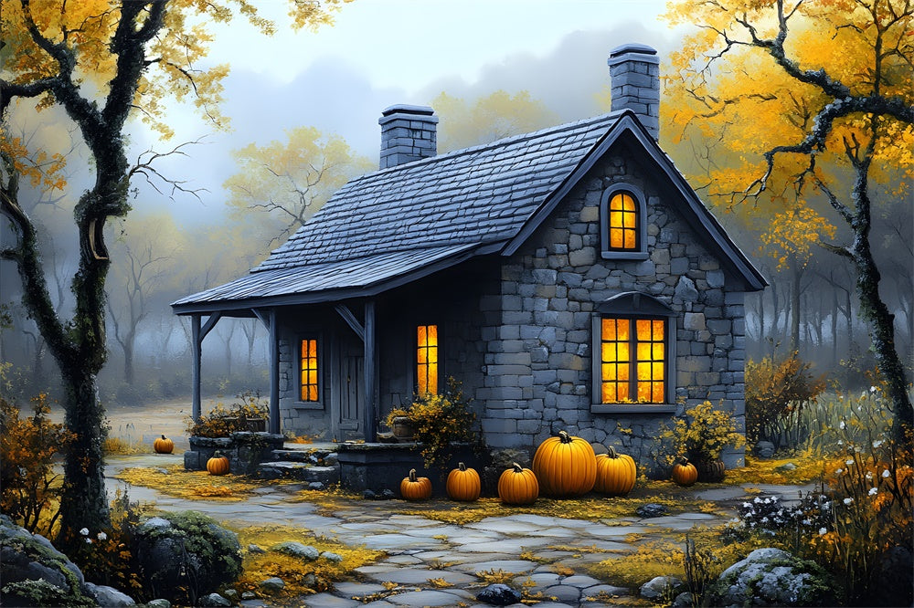 Herbst Nebliger Wald Steinhaus Hintergrund RR9-33
