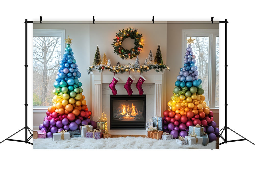 Weihnachten Bunte Kugeln Baum Kamin Kulisse RR9-41