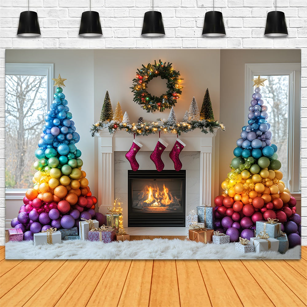 Weihnachten Bunte Kugeln Baum Kamin Kulisse RR9-41