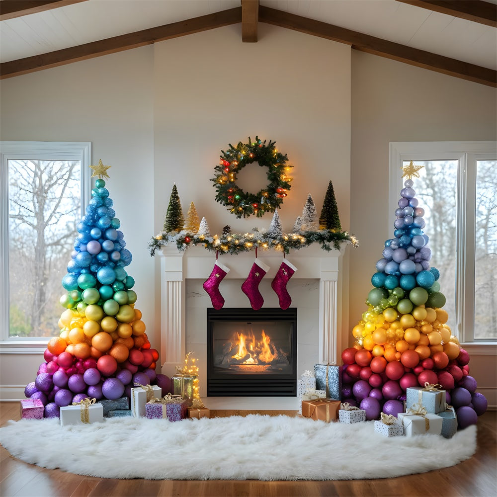 Weihnachten Bunte Kugeln Baum Kamin Kulisse RR9-41