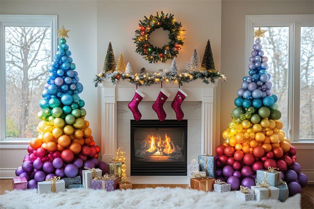 Weihnachten Bunte Kugeln Baum Kamin Kulisse RR9-41