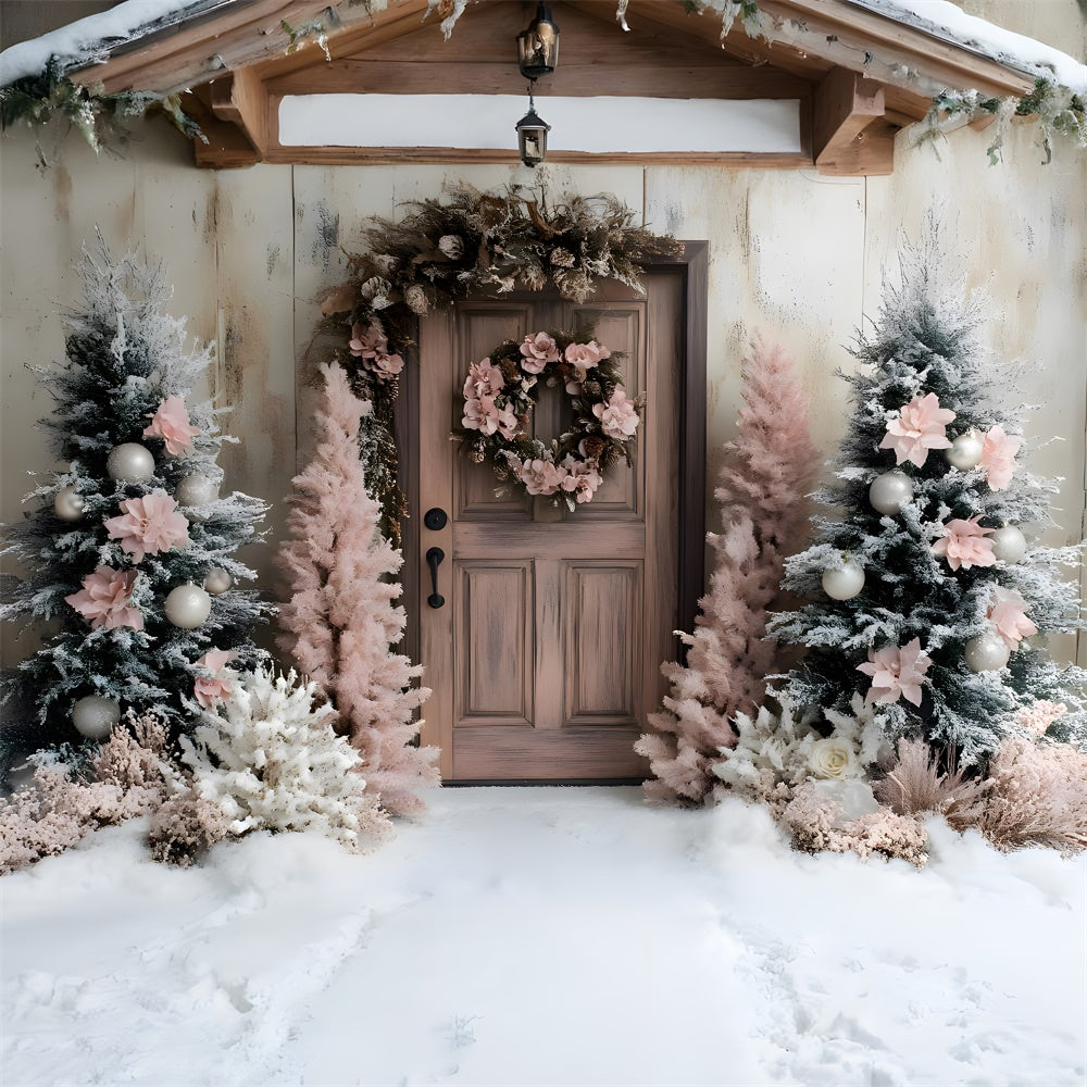 Rosa Weihnachtsbaum Kranz Tür Schnee Kulisse RR9-45