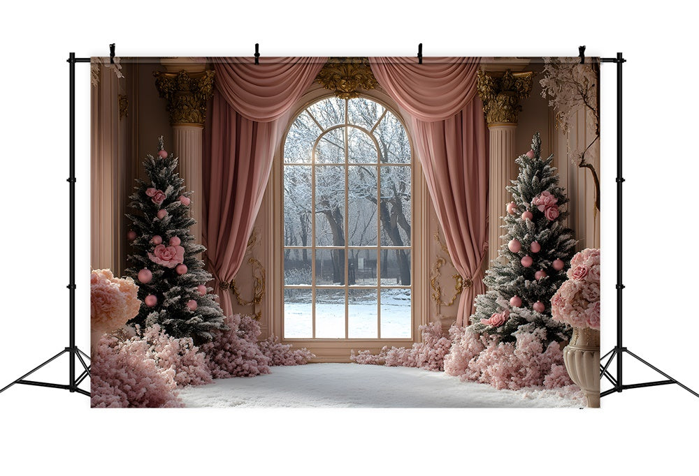 Weihnachtsbaum Rosa Vorhang Fensteransicht Hintergrund RR9-49