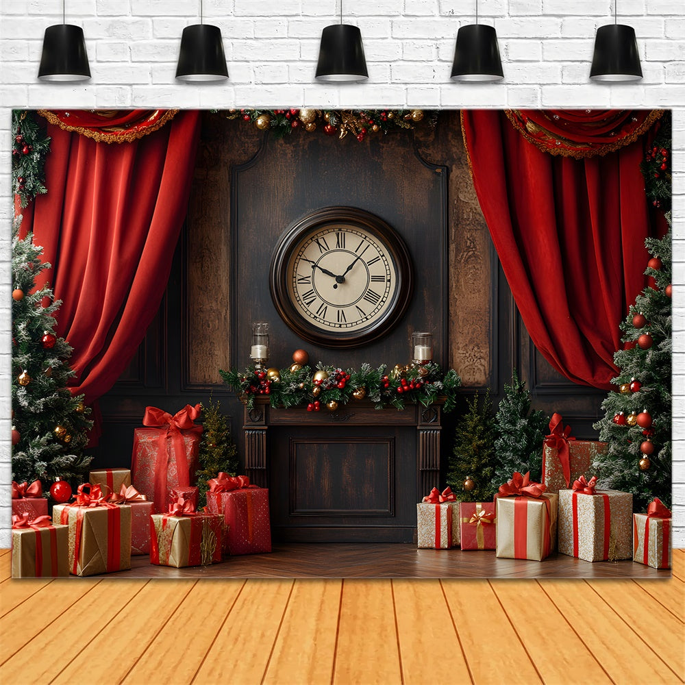 Vintage Uhr Weihnachten Wandvorhang Bäume Backdrop RR9-52