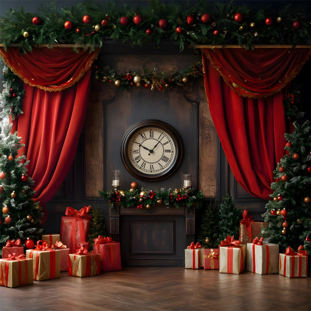 Vintage Uhr Weihnachten Wandvorhang Bäume Backdrop RR9-52