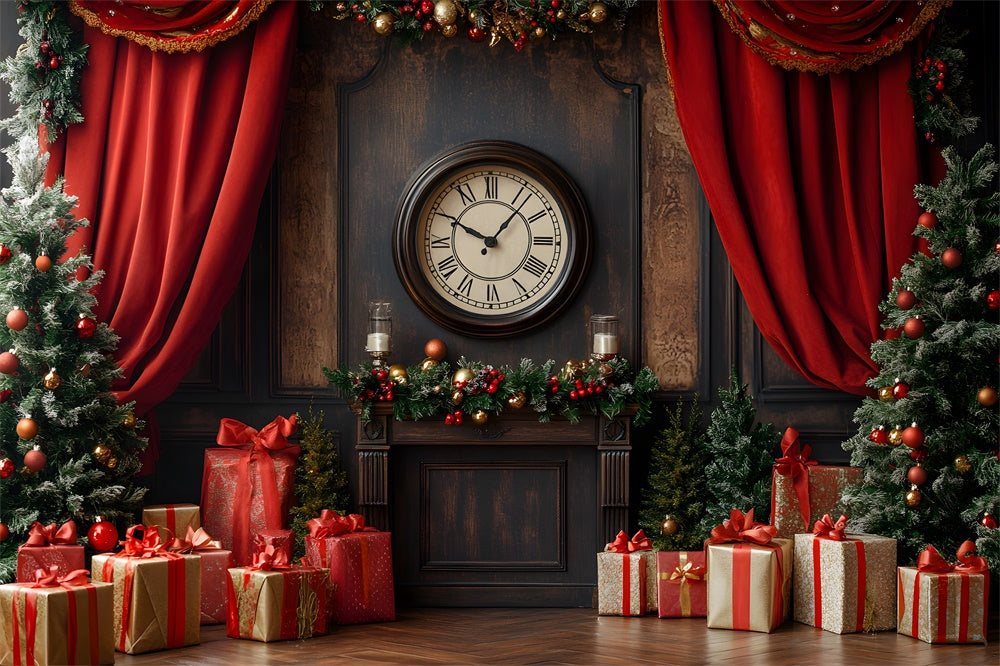 Vintage Uhr Weihnachten Wandvorhang Bäume Backdrop RR9-52