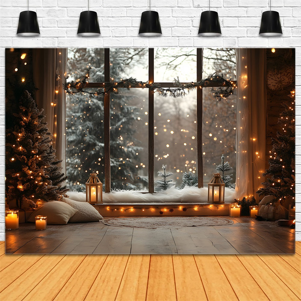 Weihnachten Fenster verschneit Wald Ansicht Lichter Hintergrund RR9-55