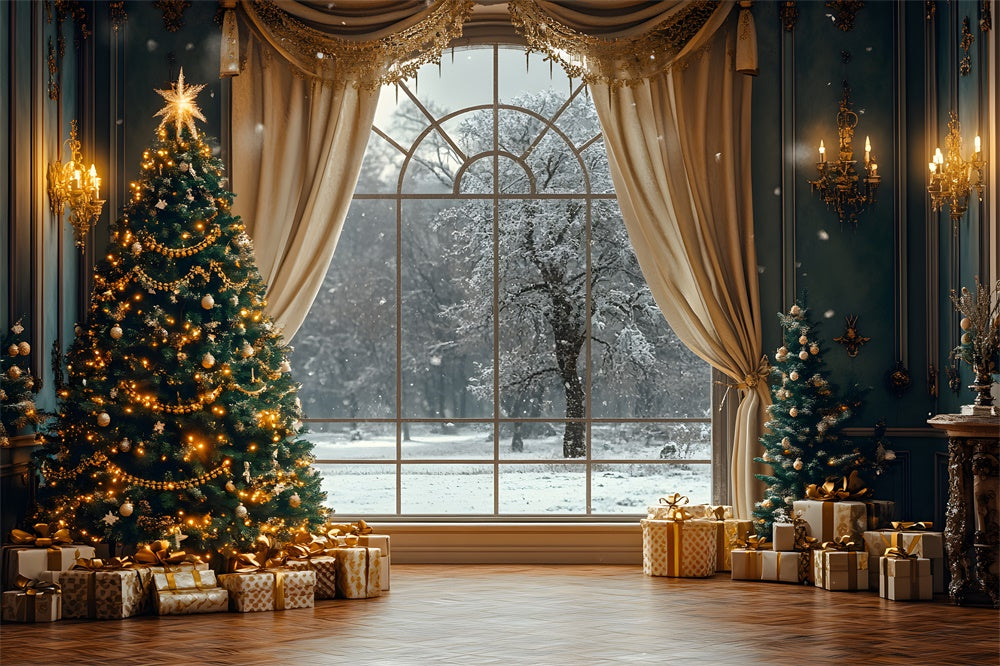 Weihnachten funkelnde Bäume Fenster Schnee Blick Hintergrund RR9-65