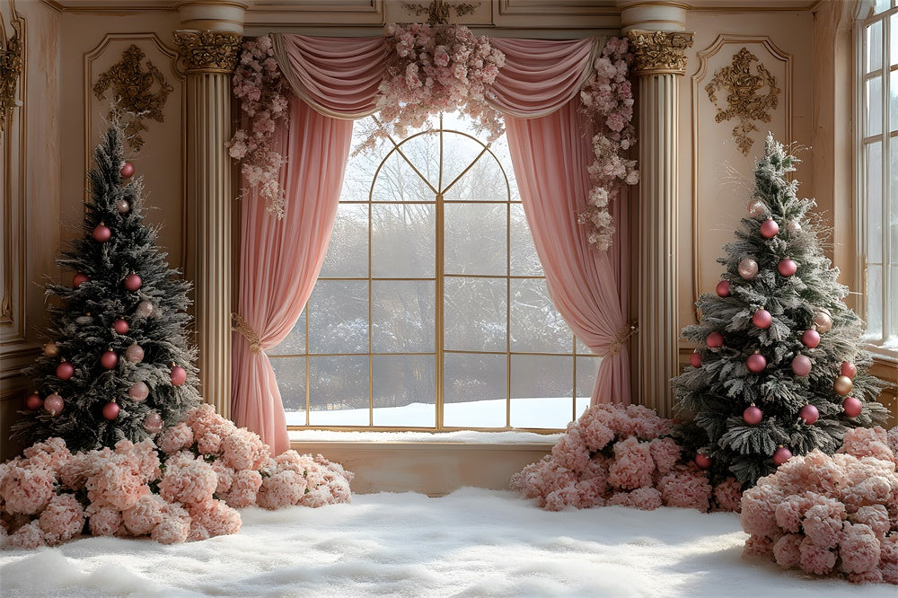 Weihnachten Rosa Vorhang Blume Fensteransicht Backdrop RR9-67