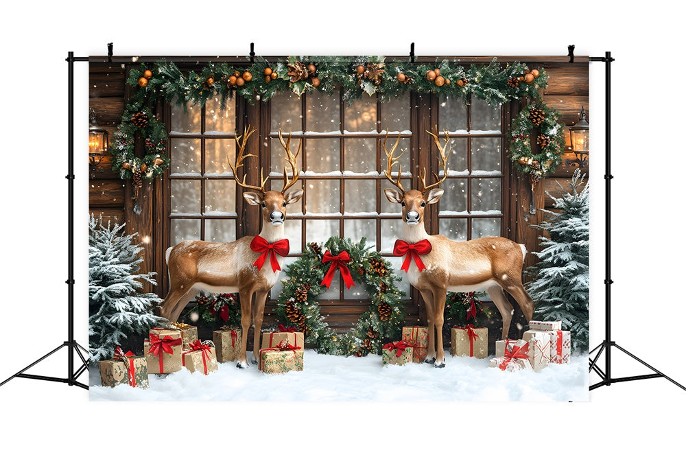 Verschneite Weihnachtsfenster Girlande Rentier Backdrop RR9-70