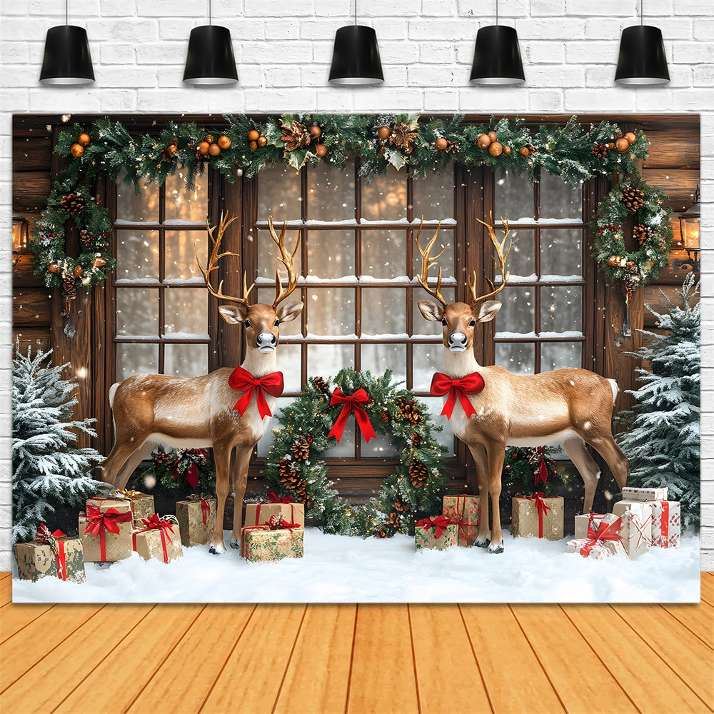 Verschneite Weihnachtsfenster Girlande Rentier Backdrop RR9-70