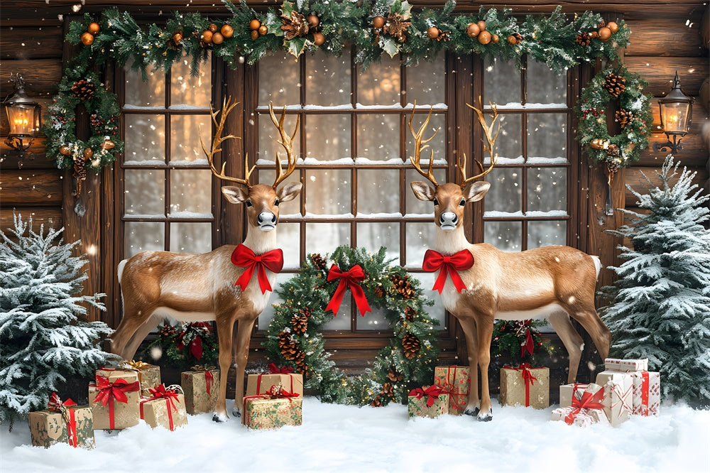 Verschneite Weihnachtsfenster Girlande Rentier Backdrop RR9-70