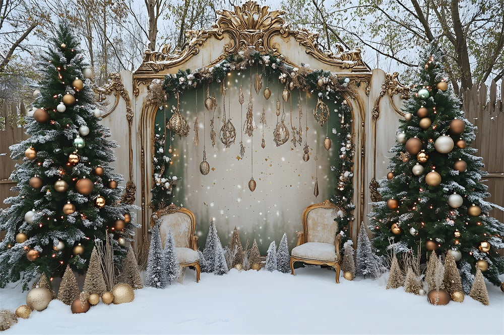 Verschneiter Weihnachtshof geschmückter Baum Tür Backdrop RR9-79