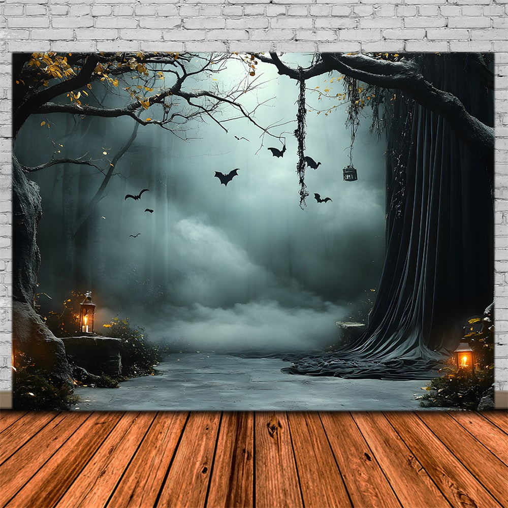 Halloween Neblige Bäume Fledermäuse Laternen Hintergrund RR9-91