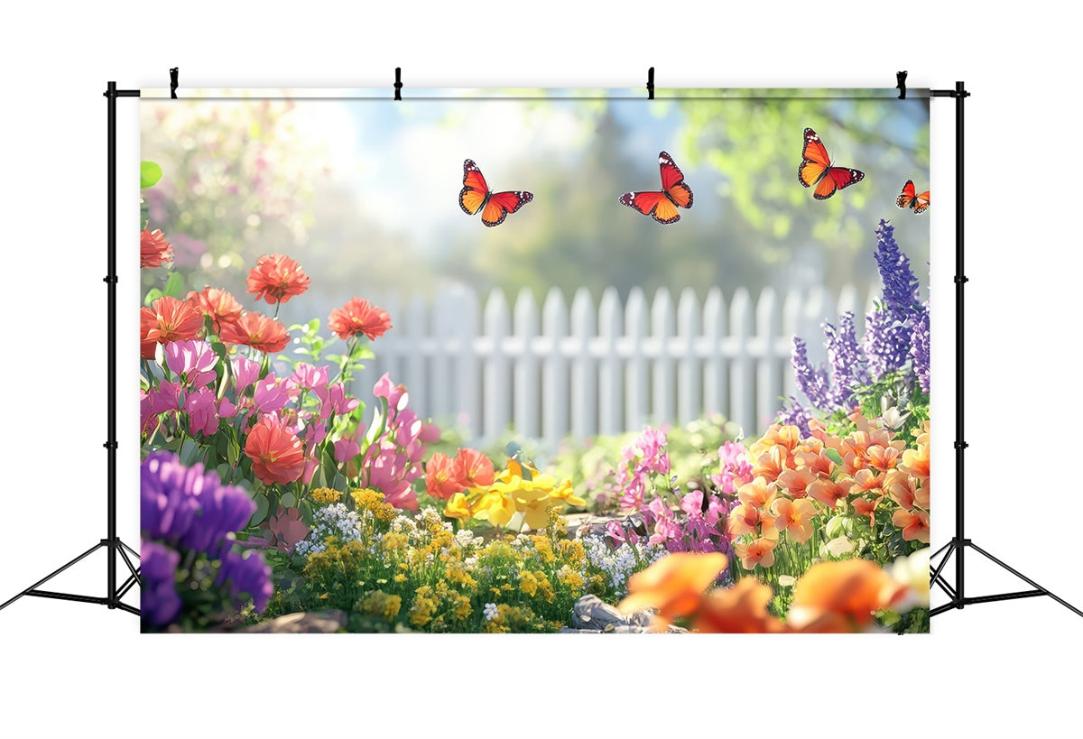 Frühling Floral Backdrop Schmetterling Garten Weißer Zaun Backdrop TWW2-34