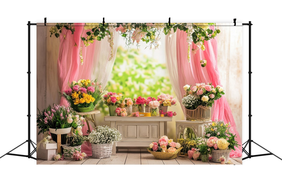 Backdrops für den Frühling Charming Floral Pink Drapes Backdrop TWW2-35