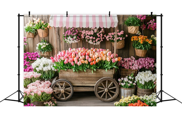 Frühlingsblumen-Hintergrundkulisse Rustikaler Holzkarren Tulpen-Hintergrundkulisse TWW2-5