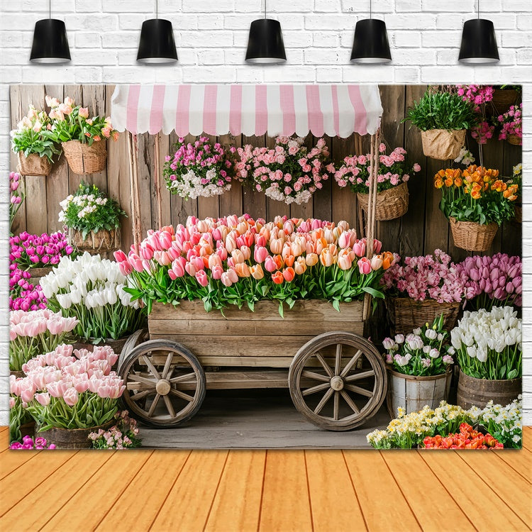 Frühlingsblumen-Hintergrundkulisse Rustikaler Holzkarren Tulpen-Hintergrundkulisse TWW2-5