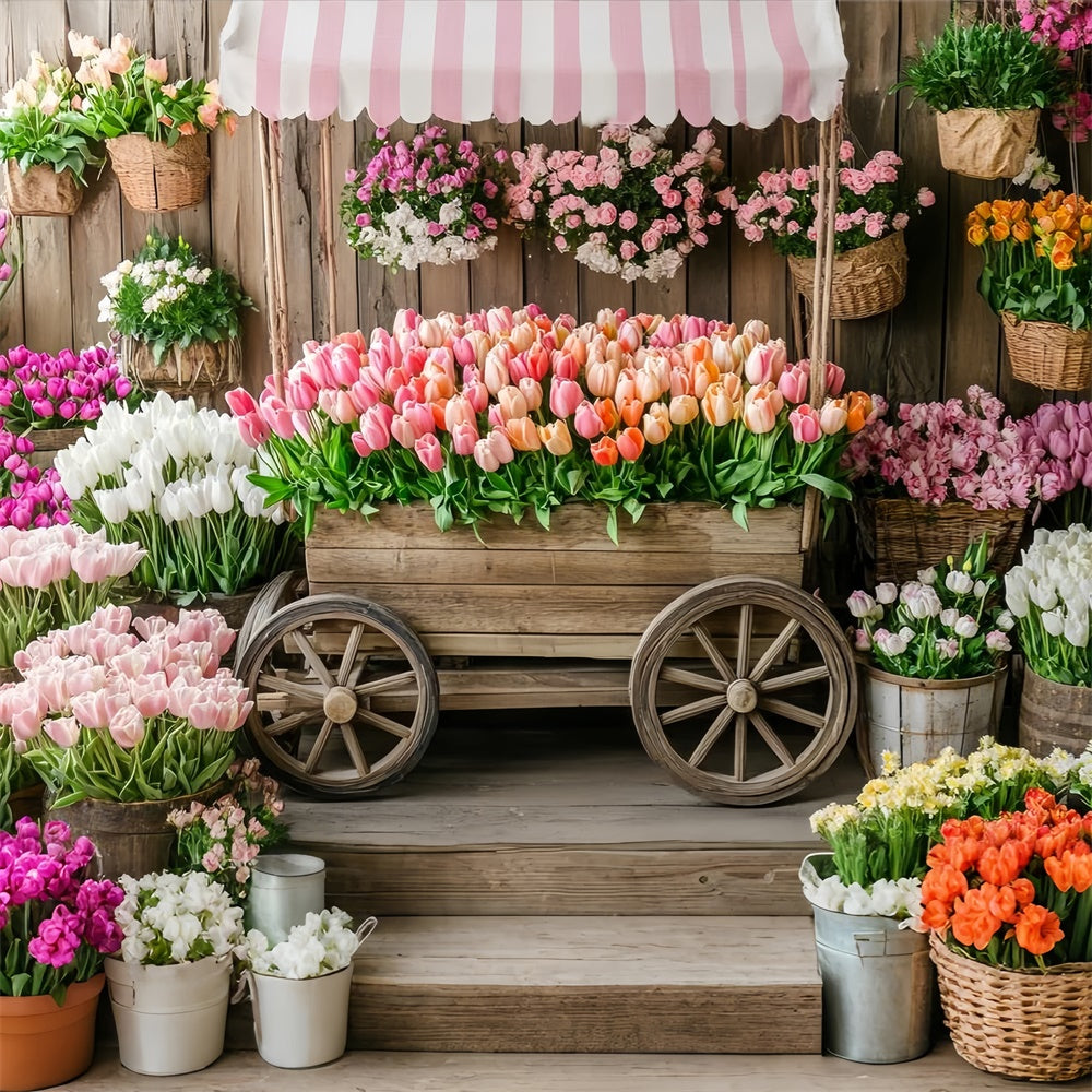 Frühlingsblumen-Hintergrundkulisse Rustikaler Holzkarren Tulpen-Hintergrundkulisse TWW2-5