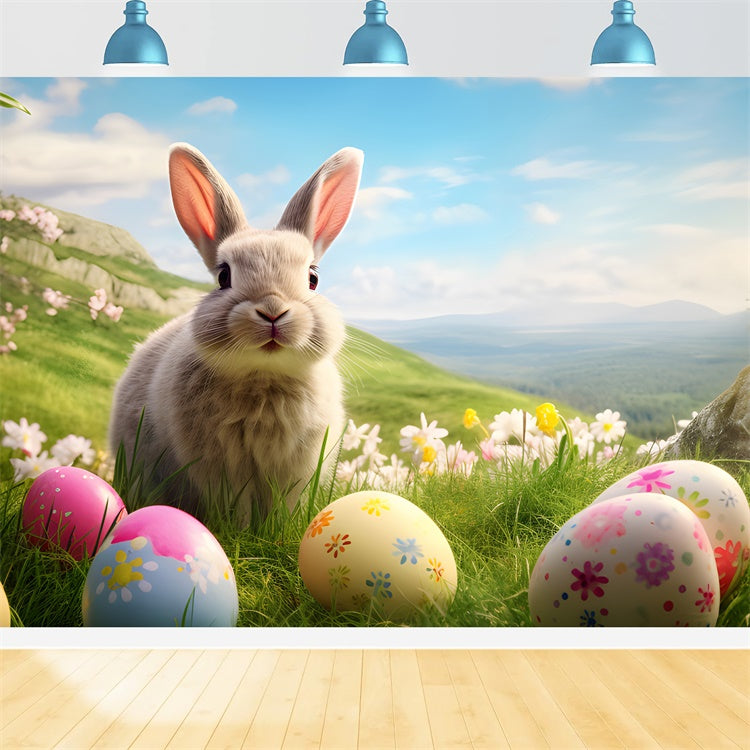 Osterei-Hintergrundkulisse Happy Bunny Frühlingshügel-Hintergrundkulisse TWW3-33