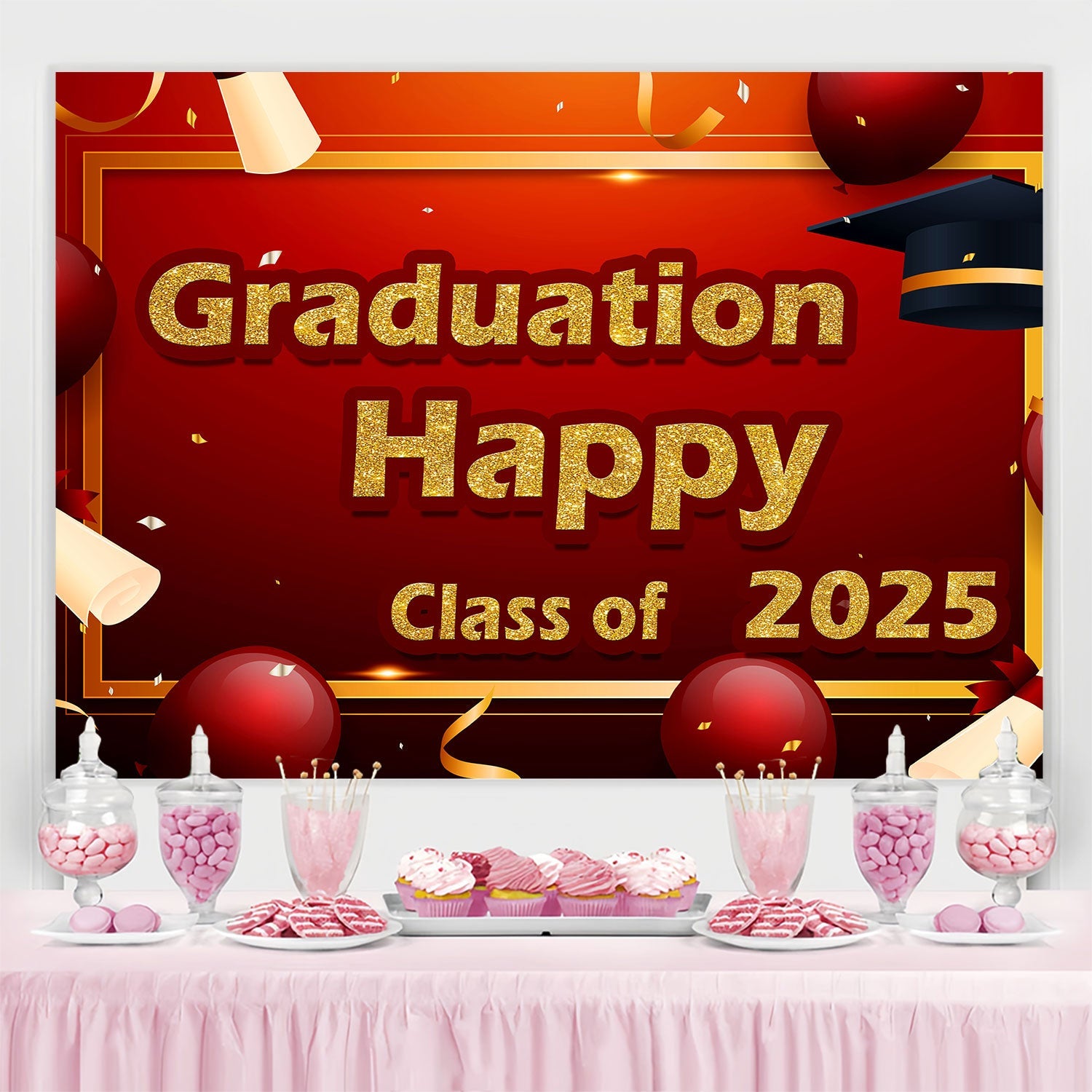 Graduation Backdrop Rot Gold Klasse von 2025 Party Graduation Backdrop TWW3-96
