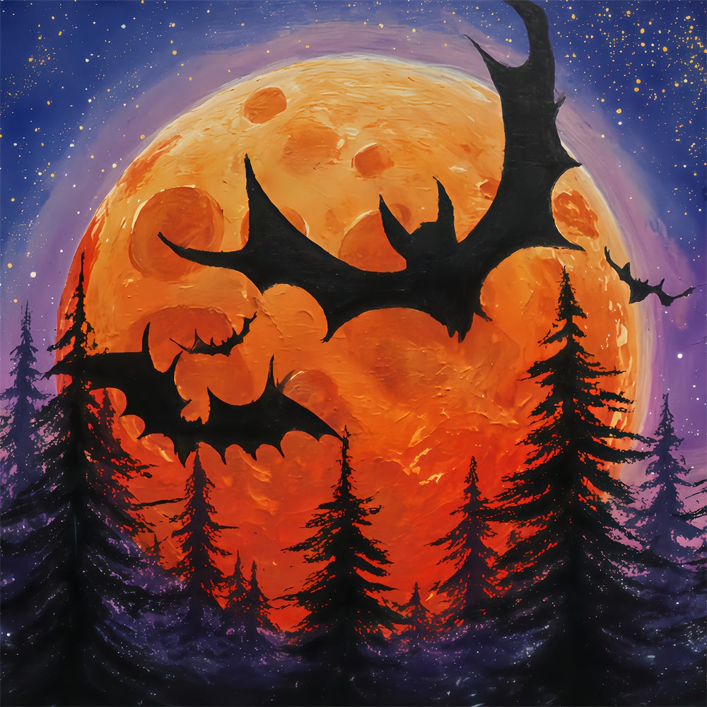 Halloween-Mond-Hintergrund Fliegende Fledermäuse Oranger Mond Wald Halloween-Hintergründe TWW510-12