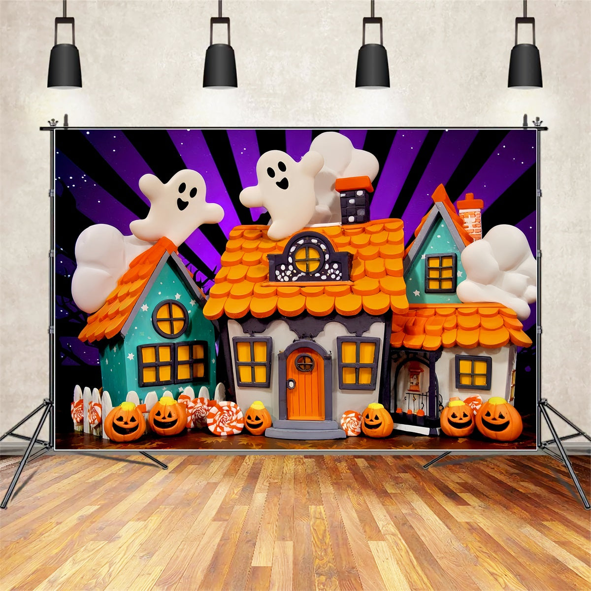 Spukhaus-Hintergrund Niedliche Geister Bonbonhäuser Halloween-Fotografie-Hintergrund TWW510-19
