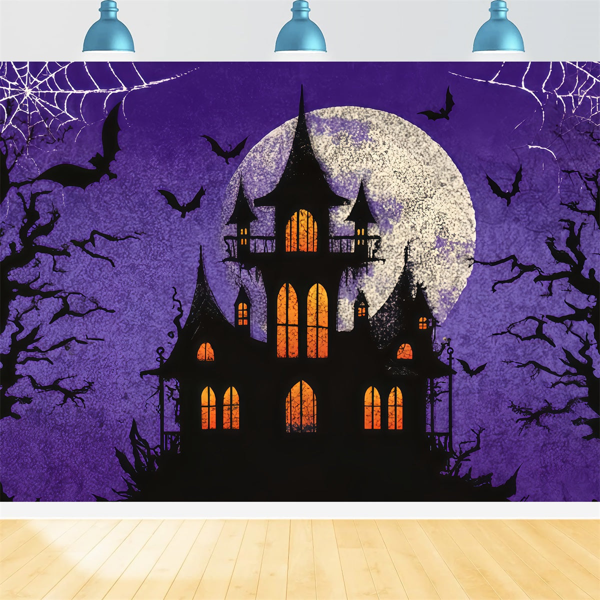 Halloween-Hintergrund mit Fledermäusen Spukschloss Lila Mond Gruselige Halloween-Hintergründe TWW510-20
