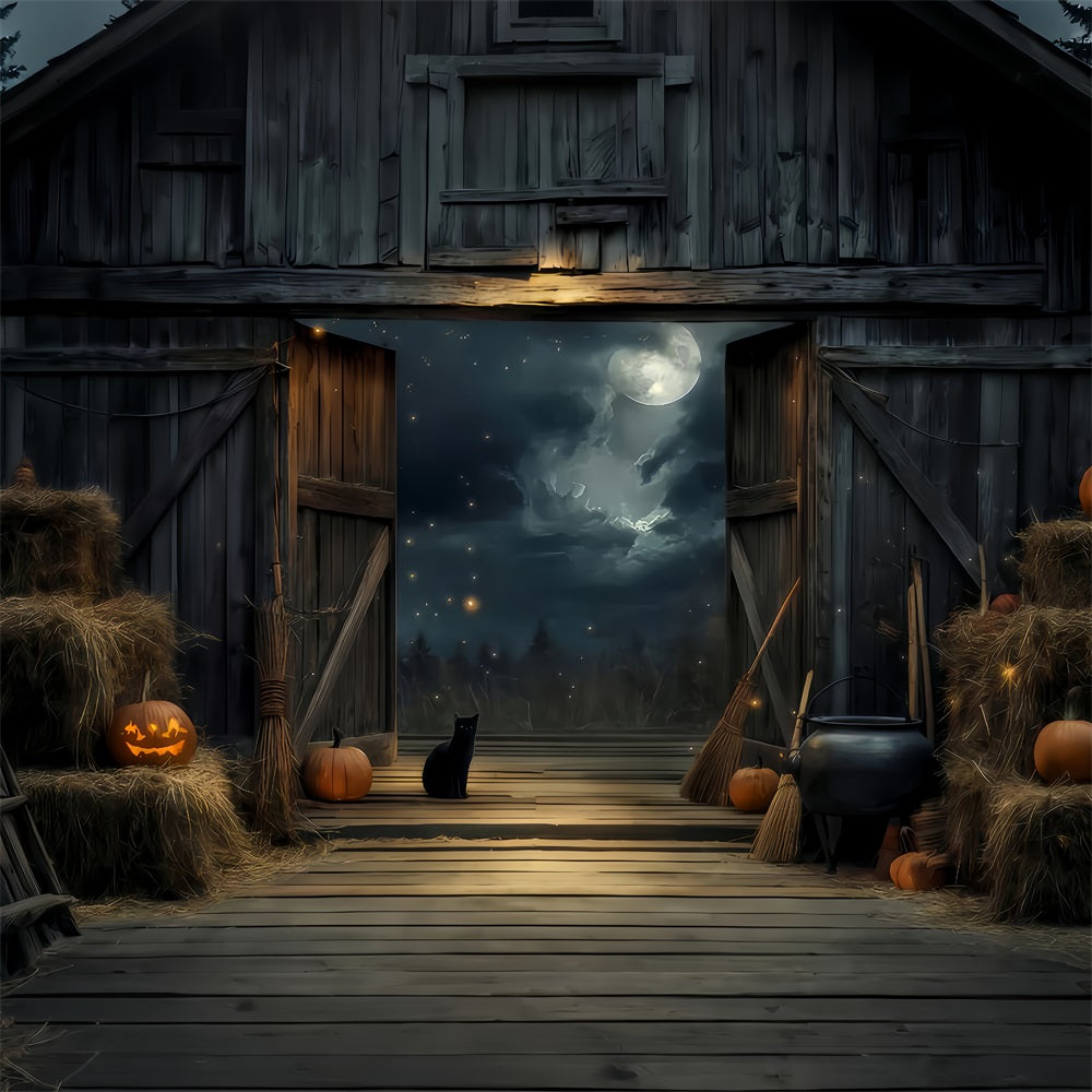 Halloween-Hintergrund in Farbe Schwarze Katze Scheune Mondlicht Halloween-Hintergrund TWW510-21