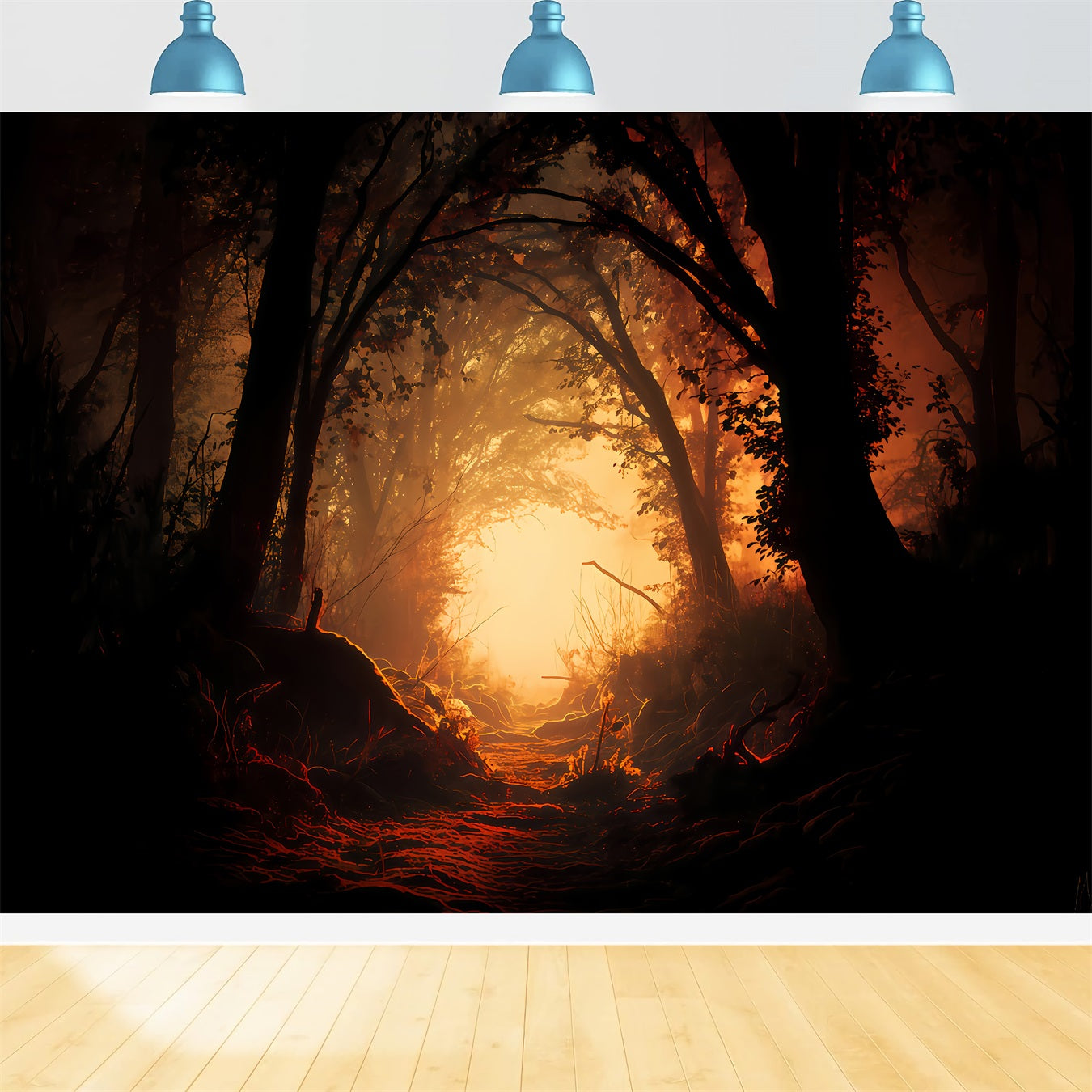 Spukwald-Hintergrund Verzauberter Wald Feuriger Pfad Halloween-Fotografie-Hintergrund TWW510-29