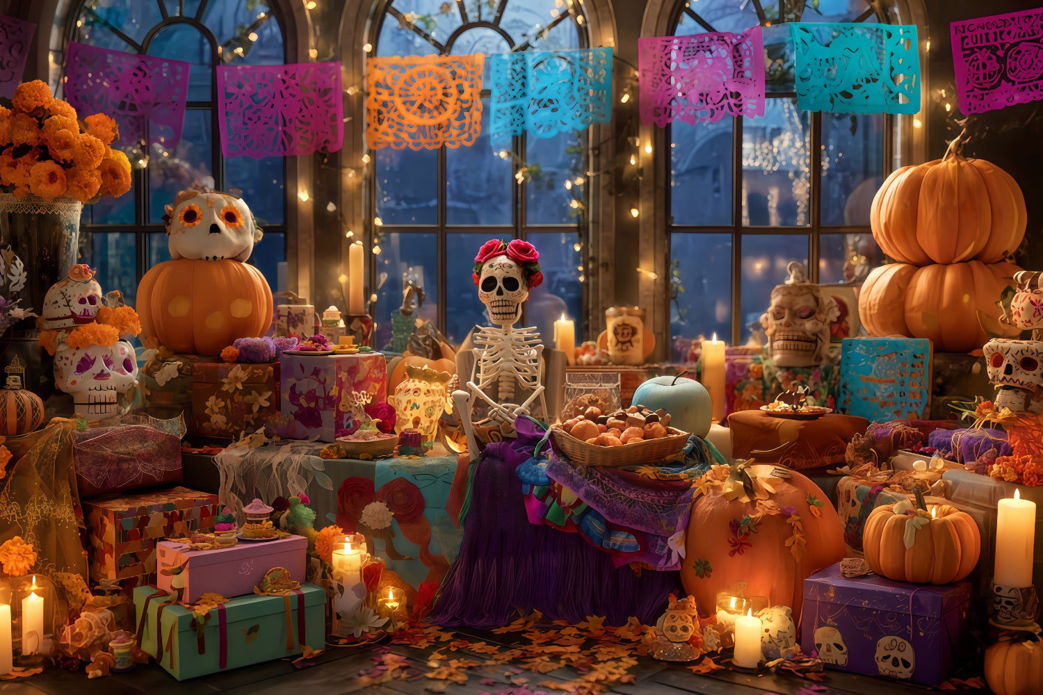 Gruselige Halloween-Hintergründe Skelett-Fiesta Kerzenlicht-Dekoration Halloween-Hintergründe TWW510-32