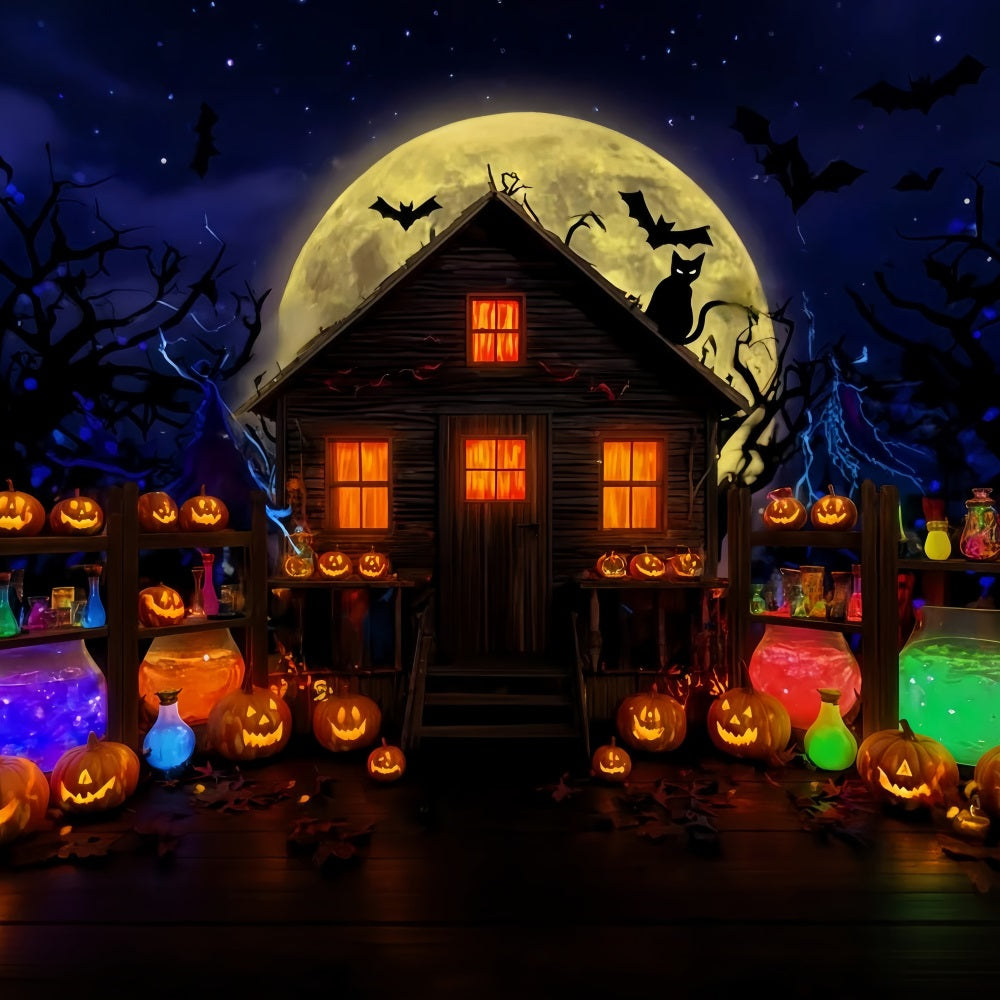 Spukhaus-Kulisse Zaubertrank-Hütte Mondlicht-Glühen Halloween-Fotokulissen TWW510-37