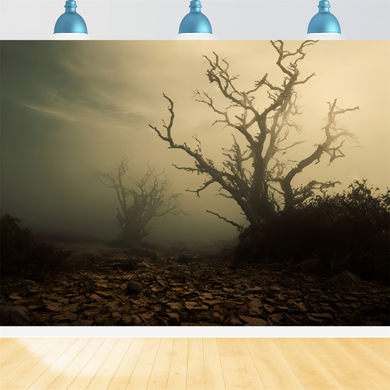 Spukwald-Hintergrund Nebliges Feld mit toten Bäumen Halloween-Hintergrund TWW510-41