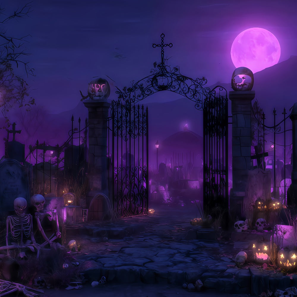 Halloween-Geister-Hintergrund Lila Mond Friedhofstor Halloween-Fotohintergrund TWW510-49