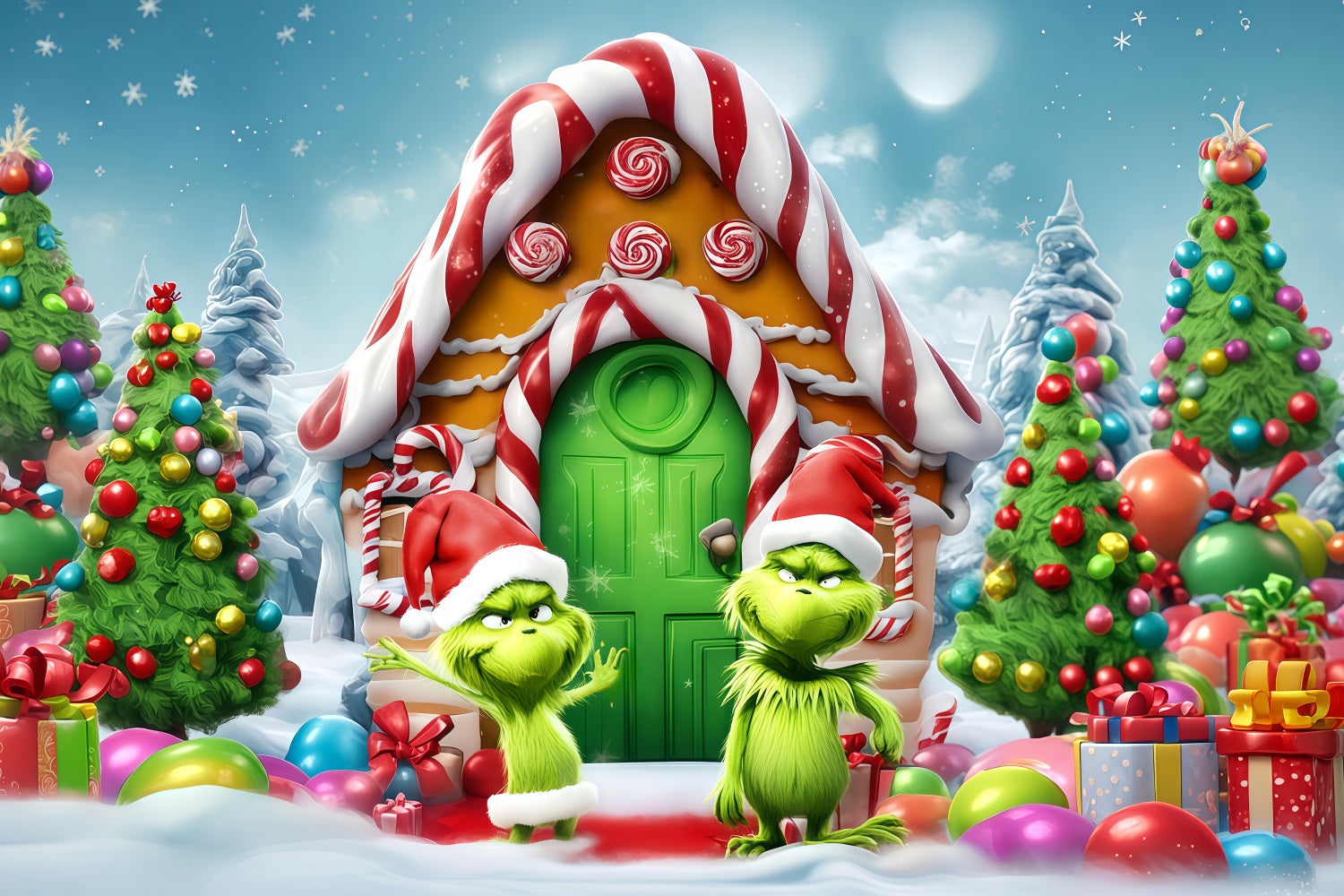 Grinch-Fotohintergrund Süßigkeitenhaus Grinch Funland Weihnachtshintergründe TWW510-51