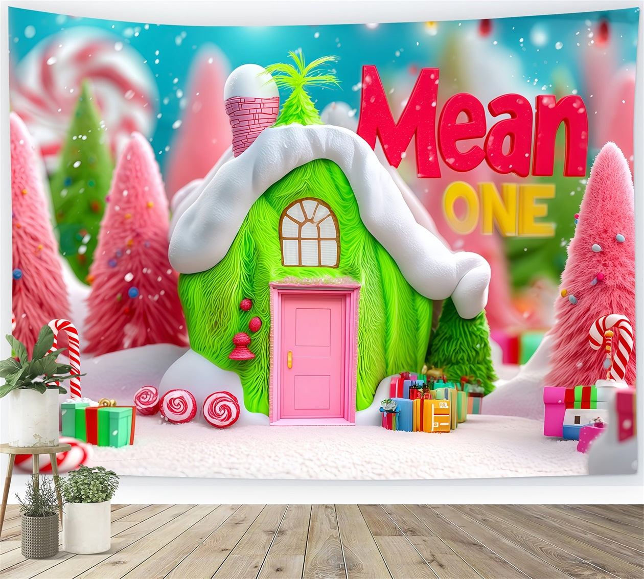 Grinch-Foto-Hintergrund Whoville Grünes Bonbon-Häuschen Weihnachts-Hintergründe TWW510-63