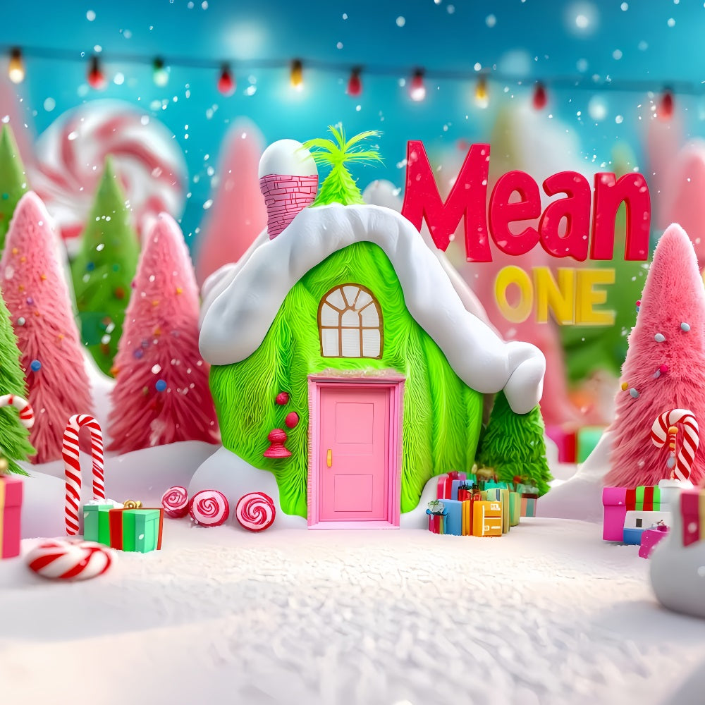 Grinch-Foto-Hintergrund Whoville Grünes Bonbon-Häuschen Weihnachts-Hintergründe TWW510-63
